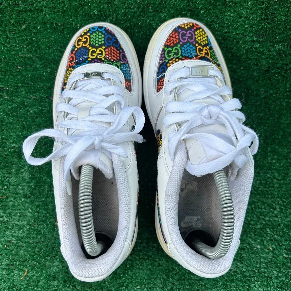 Nike Air Force 1 Low Custom Rainbow GG Monogram White Sneakers‎ 314192-117 5Y